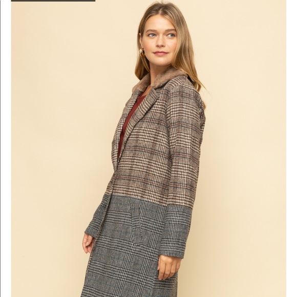 🆕 Mystree-Buckle Trench Coat Plaid Dark Academia Colorblock Faux Fur Collar - Picture 12 of 16